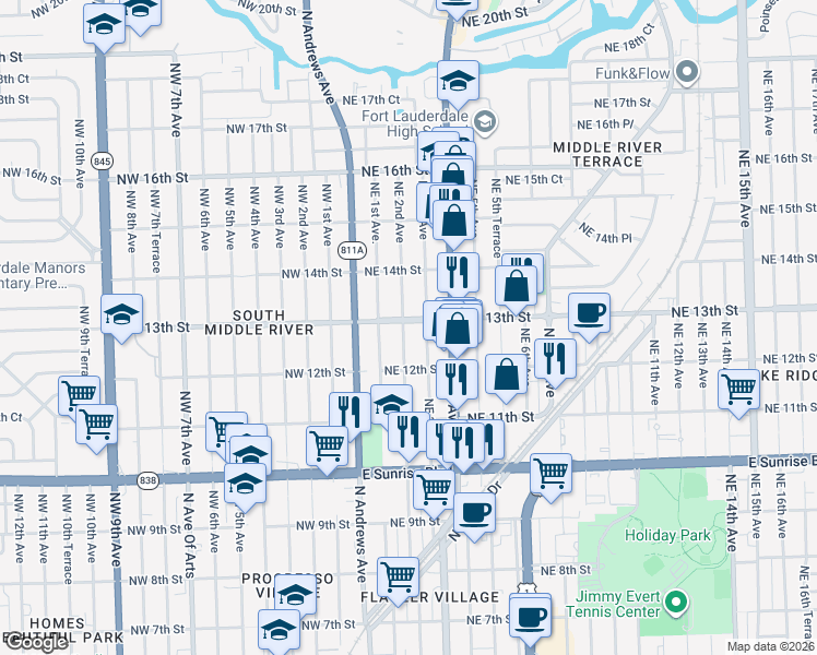 map of restaurants, bars, coffee shops, grocery stores, and more near 1242 Northeast 2nd Avenue in Fort Lauderdale