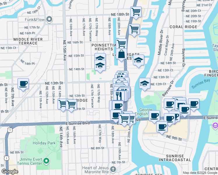 map of restaurants, bars, coffee shops, grocery stores, and more near 1223 Northeast 18th Avenue in Fort Lauderdale