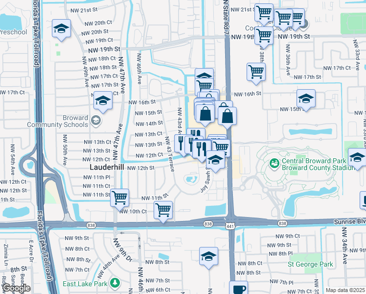 map of restaurants, bars, coffee shops, grocery stores, and more near 18 Northwest 43rd Avenue in Lauderhill