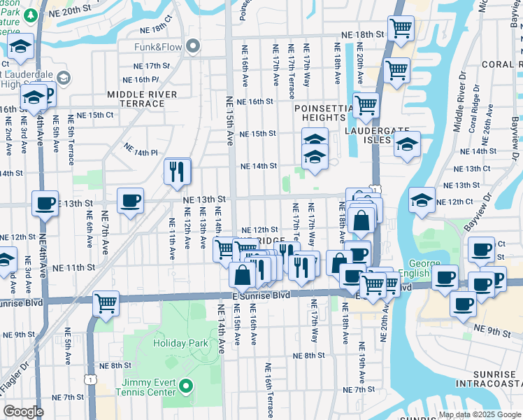 map of restaurants, bars, coffee shops, grocery stores, and more near 1229 Northeast 16th Terrace in Fort Lauderdale