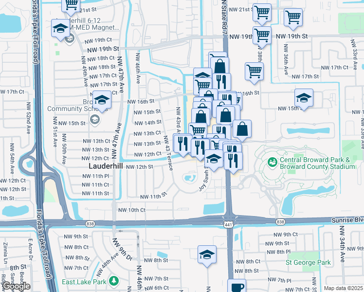 map of restaurants, bars, coffee shops, grocery stores, and more near 18 Northwest 43rd Avenue in Lauderhill