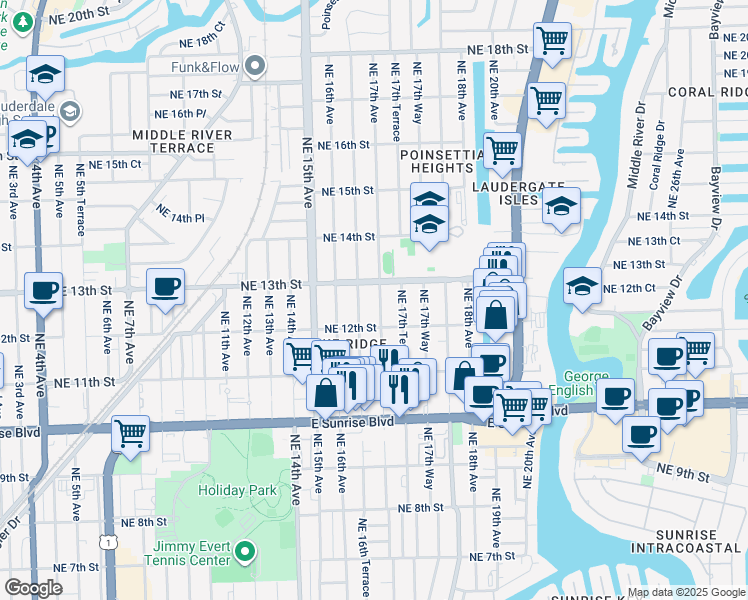 map of restaurants, bars, coffee shops, grocery stores, and more near 1229 Northeast 16th Terrace in Fort Lauderdale