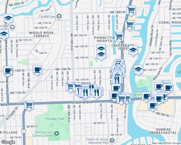 map of restaurants, bars, coffee shops, grocery stores, and more near 1228 Northeast 17th Avenue in Fort Lauderdale