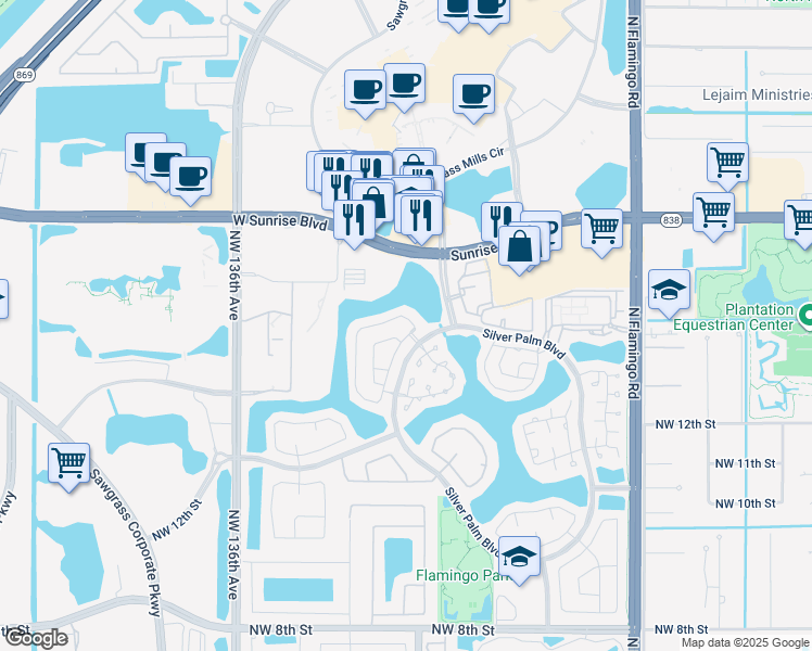 map of restaurants, bars, coffee shops, grocery stores, and more near 1484 Northwest 129th Way in Sunrise