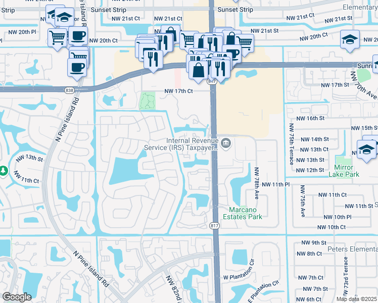map of restaurants, bars, coffee shops, grocery stores, and more near 1368 Northwest 81st Avenue in Plantation