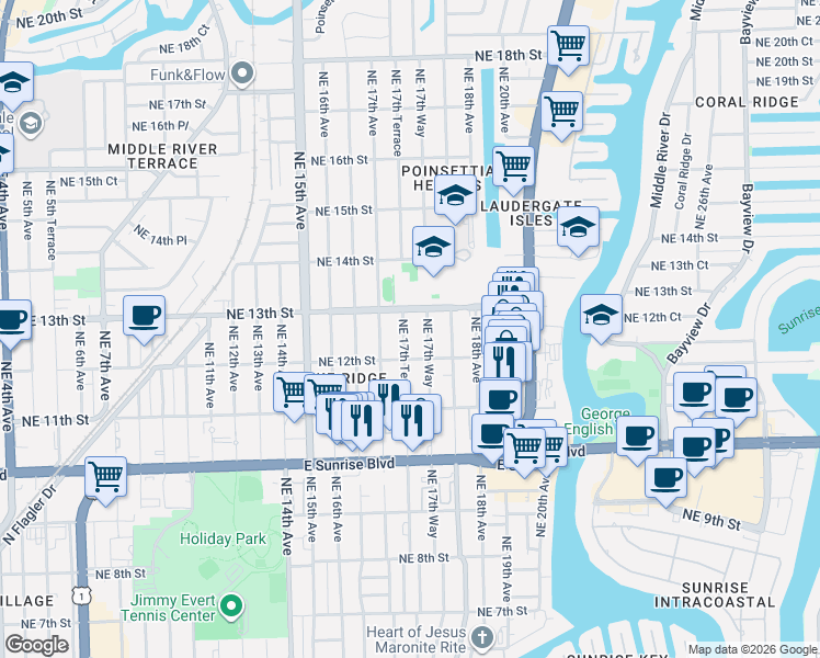map of restaurants, bars, coffee shops, grocery stores, and more near 1224 Northeast 17th Avenue in Fort Lauderdale