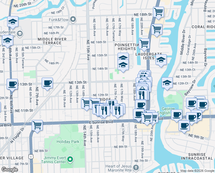 map of restaurants, bars, coffee shops, grocery stores, and more near 1228 Northeast 17th Avenue in Fort Lauderdale