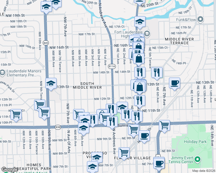 map of restaurants, bars, coffee shops, grocery stores, and more near 1244 Northwest 1st Avenue in Fort Lauderdale