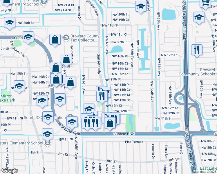 map of restaurants, bars, coffee shops, grocery stores, and more near 5990 Northwest 14th Place in Sunrise
