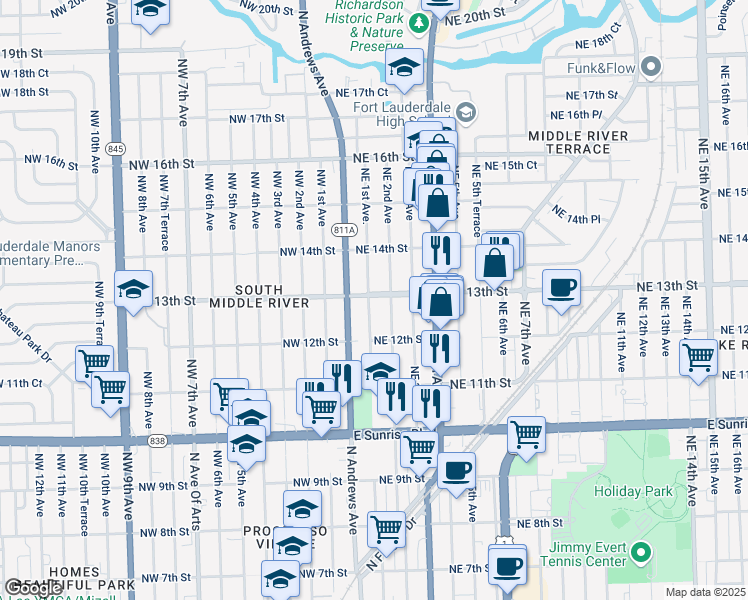 map of restaurants, bars, coffee shops, grocery stores, and more near 1244 Northeast 1st Avenue in Fort Lauderdale