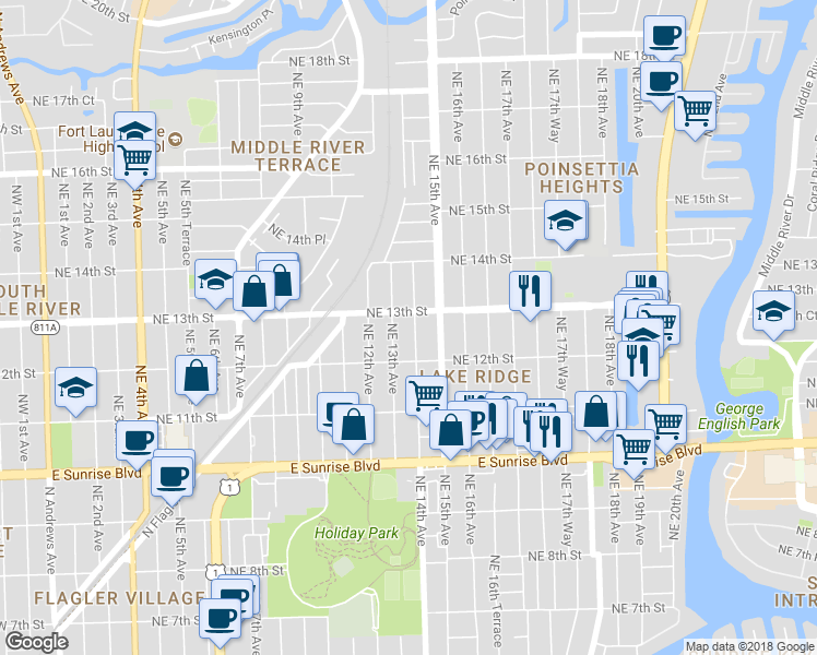 map of restaurants, bars, coffee shops, grocery stores, and more near 1233 Northeast 14th Avenue in Fort Lauderdale
