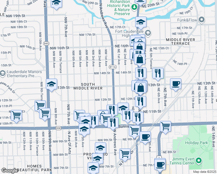 map of restaurants, bars, coffee shops, grocery stores, and more near 1244 Northwest 1st Avenue in Fort Lauderdale