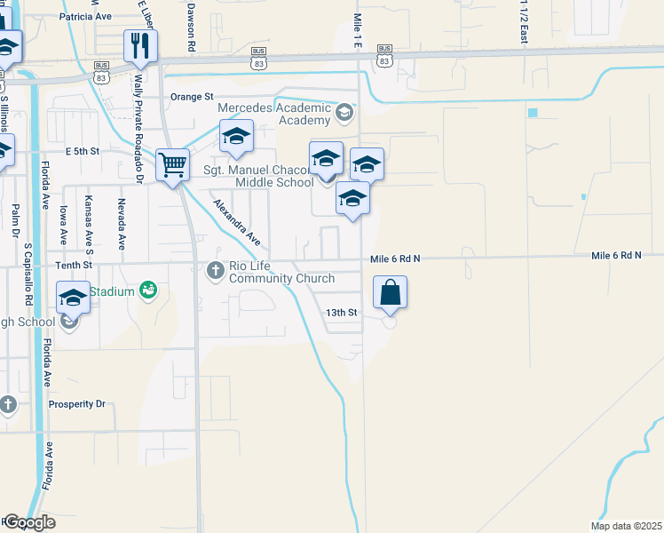 map of restaurants, bars, coffee shops, grocery stores, and more near 1309 11th Street in Mercedes
