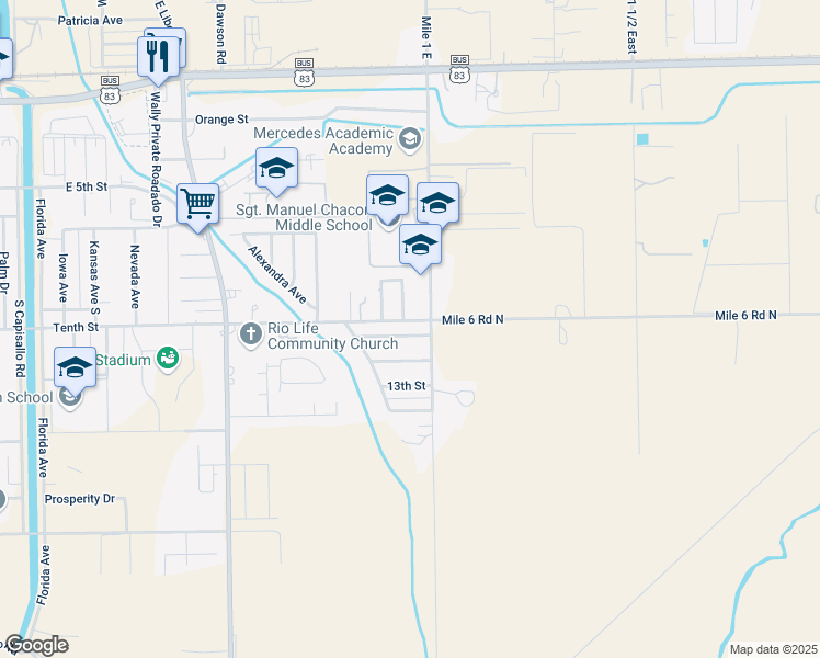 map of restaurants, bars, coffee shops, grocery stores, and more near 1309 11th St in Mercedes