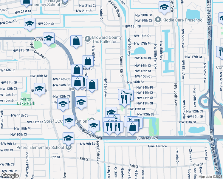 map of restaurants, bars, coffee shops, grocery stores, and more near 6250 Northwest 14th Place in Sunrise