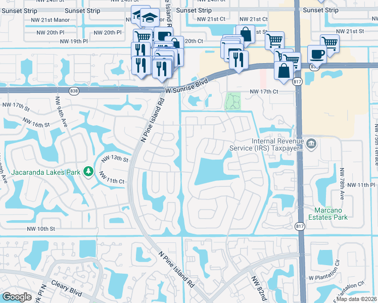 map of restaurants, bars, coffee shops, grocery stores, and more near 1340 Northwest 87th Lane in Plantation