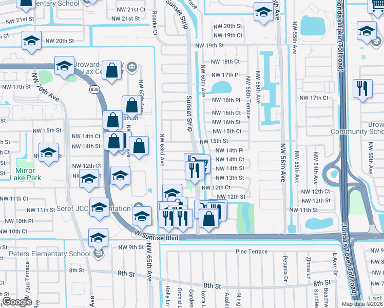 map of restaurants, bars, coffee shops, grocery stores, and more near 1451 Northwest 61st Avenue in Sunrise