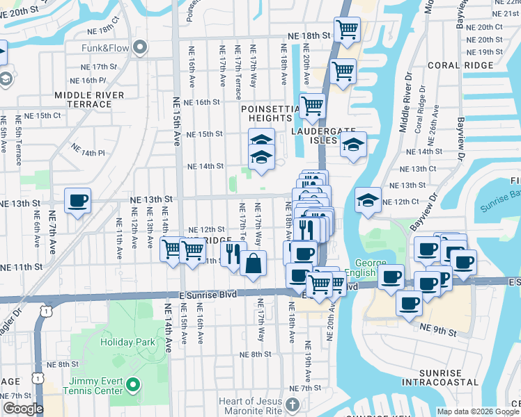 map of restaurants, bars, coffee shops, grocery stores, and more near 1228 Northeast 17th Way in Fort Lauderdale