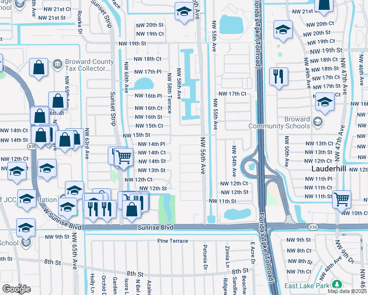 map of restaurants, bars, coffee shops, grocery stores, and more near 5720 Northwest 14th Court in Lauderhill