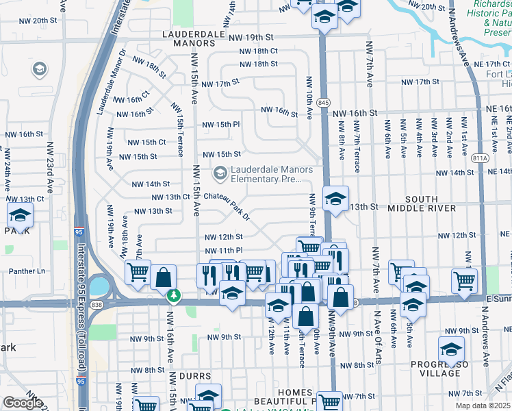 map of restaurants, bars, coffee shops, grocery stores, and more near 1055 Northwest 13th Street in Fort Lauderdale