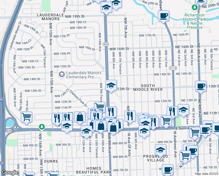 map of restaurants, bars, coffee shops, grocery stores, and more near 1300 Northwest 9th Avenue in Fort Lauderdale