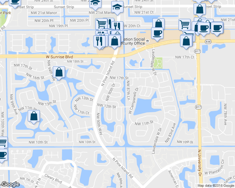 map of restaurants, bars, coffee shops, grocery stores, and more near 8930 Northwest 14th Street in Plantation