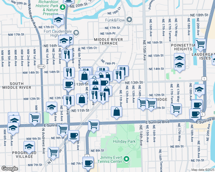 map of restaurants, bars, coffee shops, grocery stores, and more near 900 Northeast 13th Street in Fort Lauderdale