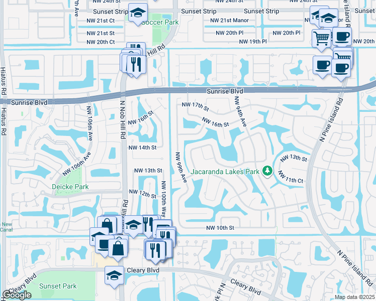 map of restaurants, bars, coffee shops, grocery stores, and more near 1361 Northwest 98th Avenue in Plantation