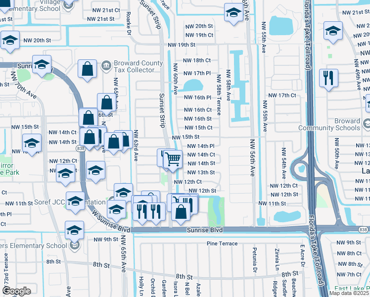 map of restaurants, bars, coffee shops, grocery stores, and more near 5990 Northwest 14th Place in Sunrise