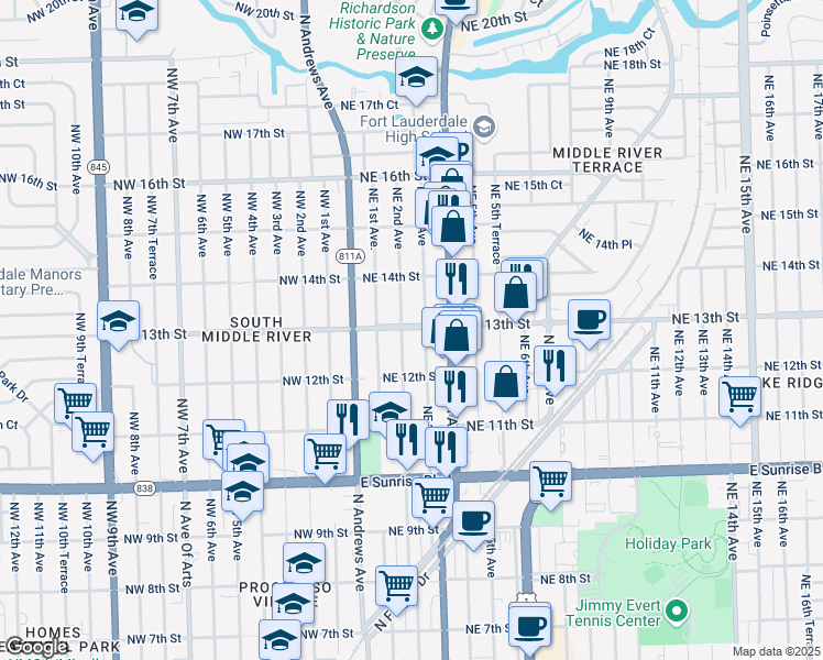 map of restaurants, bars, coffee shops, grocery stores, and more near 206 Northeast 13th Street in Fort Lauderdale