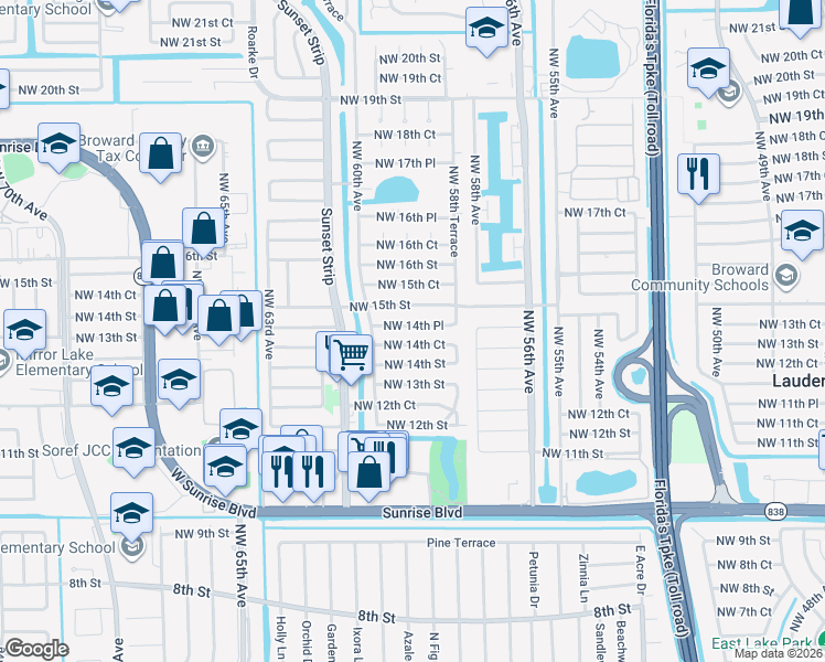 map of restaurants, bars, coffee shops, grocery stores, and more near 5930 Northwest 14th Place in Sunrise