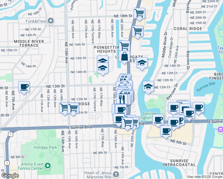 map of restaurants, bars, coffee shops, grocery stores, and more near 1223 Northeast 18th Avenue in Fort Lauderdale