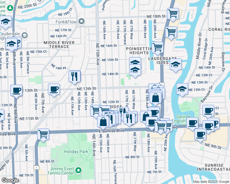 map of restaurants, bars, coffee shops, grocery stores, and more near 1229 Northeast 16th Terrace in Fort Lauderdale