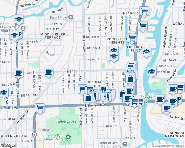 map of restaurants, bars, coffee shops, grocery stores, and more near 1229 Northeast 16th Terrace in Fort Lauderdale