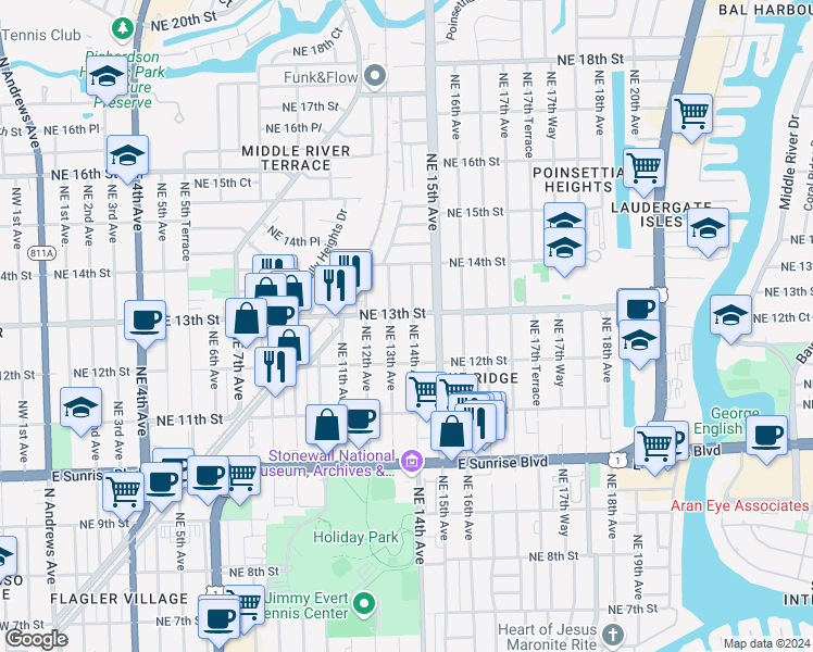 map of restaurants, bars, coffee shops, grocery stores, and more near 1233 Northeast 14th Avenue in Fort Lauderdale
