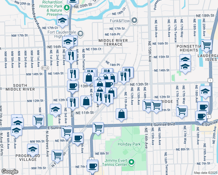 map of restaurants, bars, coffee shops, grocery stores, and more near 900 Northeast 13th Street in Fort Lauderdale