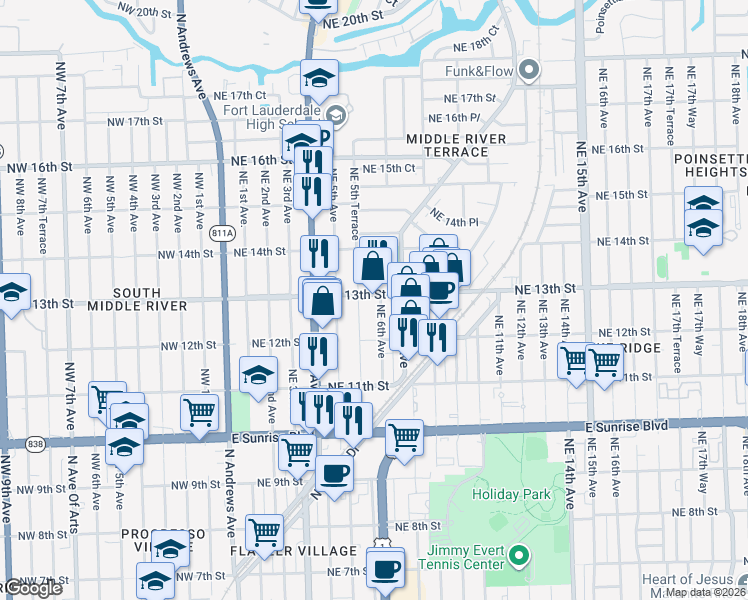 map of restaurants, bars, coffee shops, grocery stores, and more near 1234 Northeast 6th Avenue in Fort Lauderdale