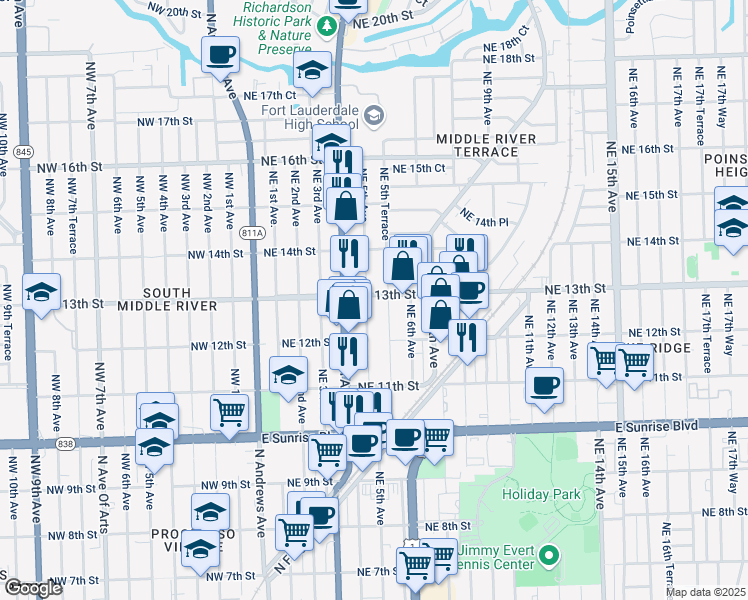 map of restaurants, bars, coffee shops, grocery stores, and more near 514 Northeast 13th Street in Fort Lauderdale