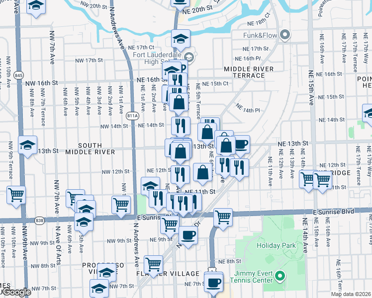 map of restaurants, bars, coffee shops, grocery stores, and more near 400 Northeast 13th Street in Fort Lauderdale