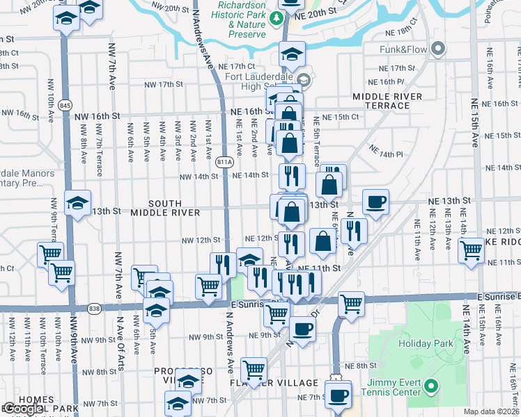 map of restaurants, bars, coffee shops, grocery stores, and more near 206 Northeast 13th Street in Fort Lauderdale