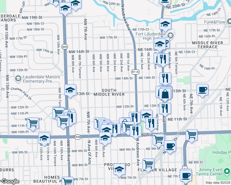 map of restaurants, bars, coffee shops, grocery stores, and more near 314 Northwest 13th Street in Fort Lauderdale