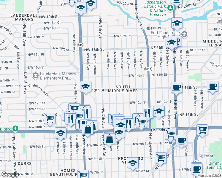 map of restaurants, bars, coffee shops, grocery stores, and more near 501 Northwest 13th Street in Fort Lauderdale