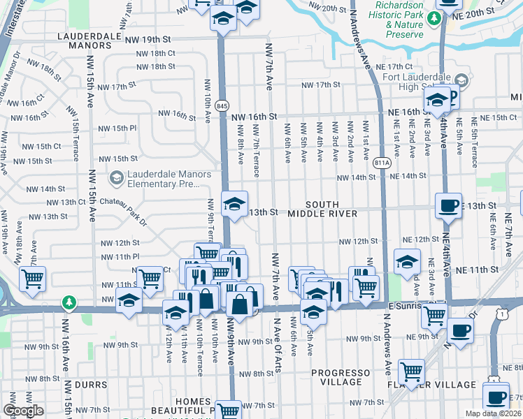map of restaurants, bars, coffee shops, grocery stores, and more near 1301 Northwest 7th Terrace in Fort Lauderdale
