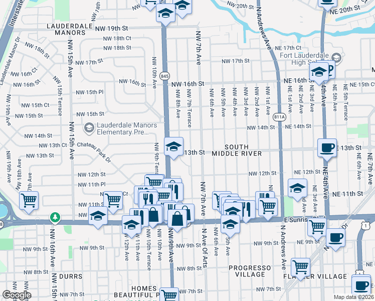 map of restaurants, bars, coffee shops, grocery stores, and more near 1301 Northwest 7th Terrace in Fort Lauderdale
