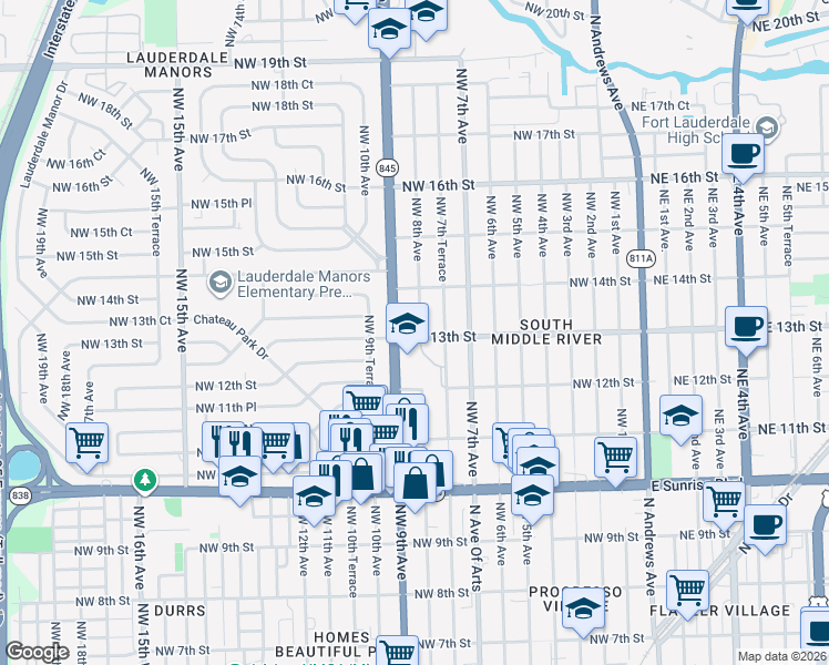 map of restaurants, bars, coffee shops, grocery stores, and more near 1300 Northwest 9th Avenue in Fort Lauderdale