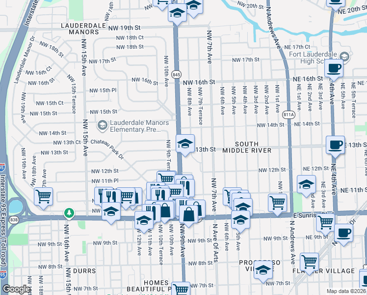map of restaurants, bars, coffee shops, grocery stores, and more near 1300 Northwest 9th Avenue in Fort Lauderdale