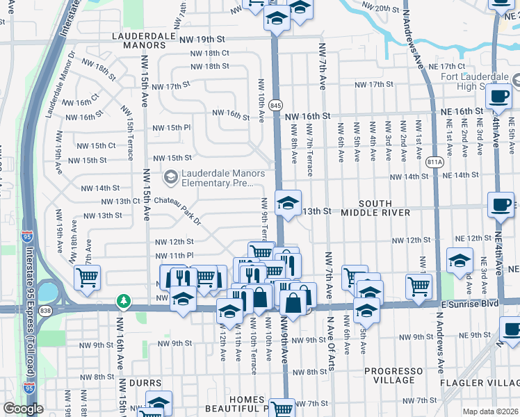 map of restaurants, bars, coffee shops, grocery stores, and more near 925 Northwest 13th Street in Fort Lauderdale