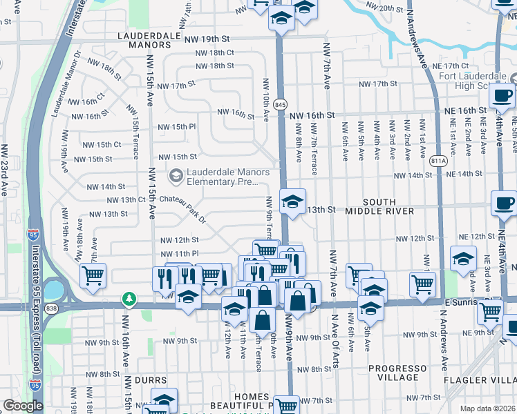 map of restaurants, bars, coffee shops, grocery stores, and more near 925 Northwest 13th Street in Fort Lauderdale