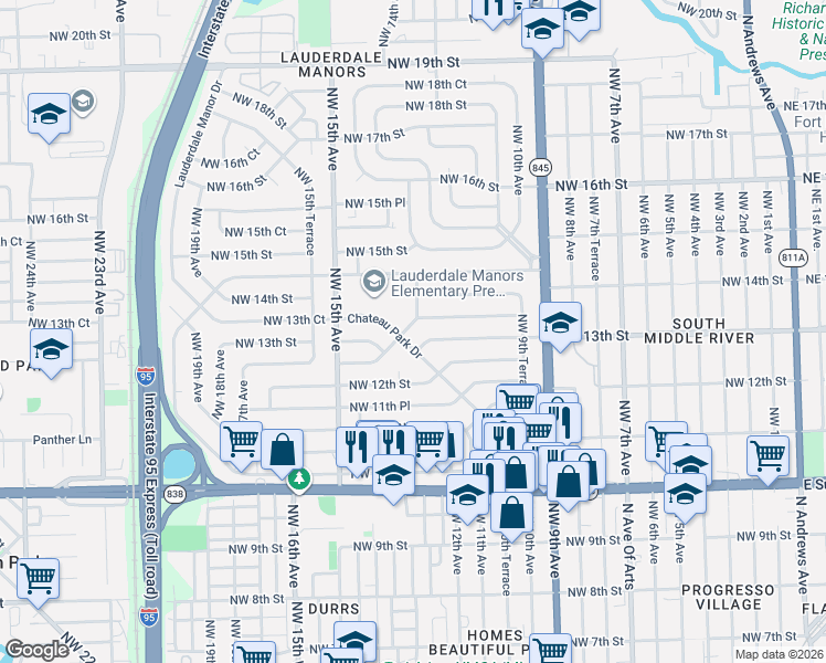map of restaurants, bars, coffee shops, grocery stores, and more near 1331 Chateau Park Drive in Fort Lauderdale
