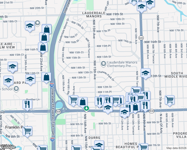 map of restaurants, bars, coffee shops, grocery stores, and more near 1306 Northwest 15th Terrace in Fort Lauderdale